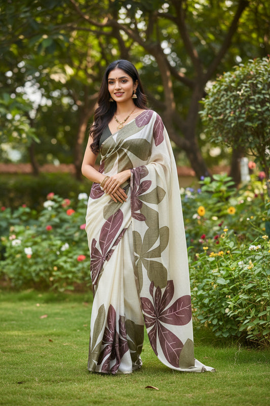 Peach Floral Print Linen Saree