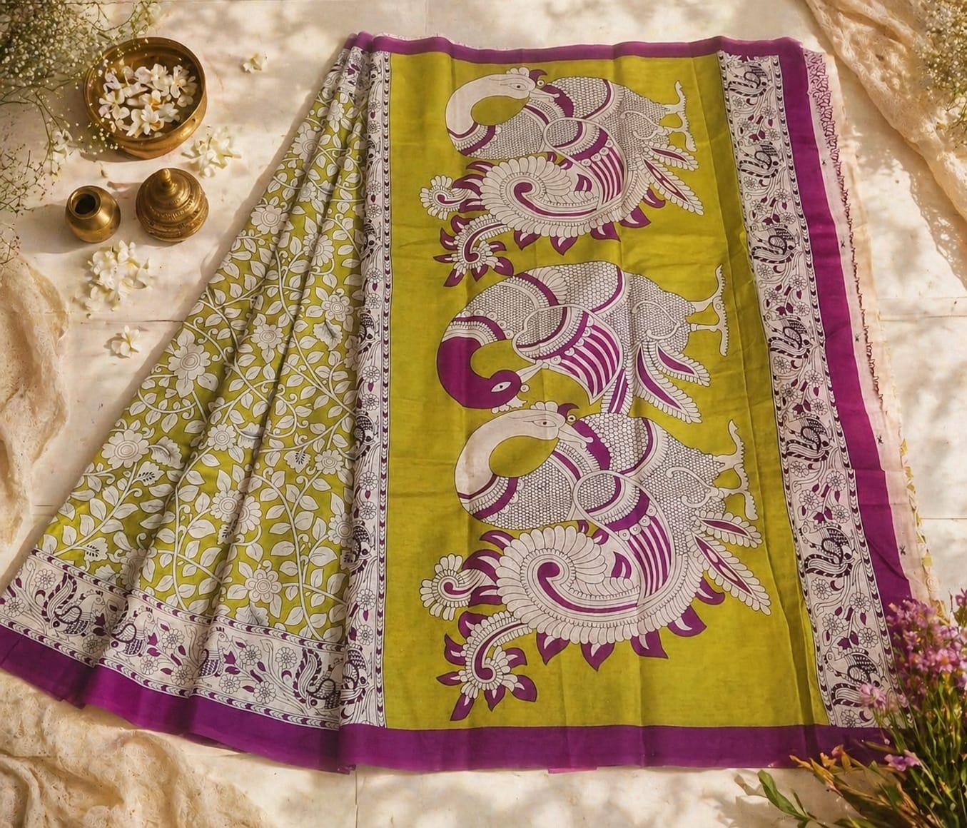Neon Green and Magenta Kalamkari Pallu Cotton Sari