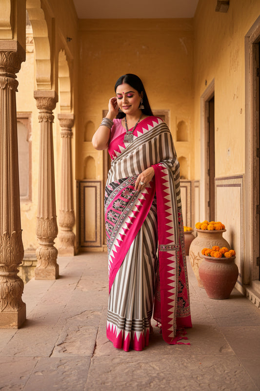 White and Magenta Satin Saree
