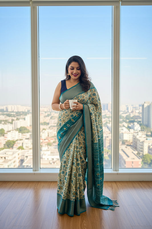 White and Blue Patola Print Dola Silk Saree