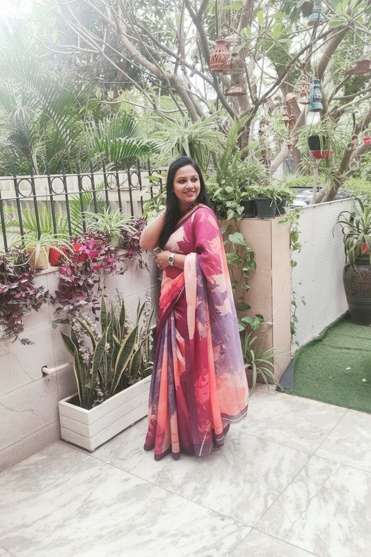 Multicolour Floral Print Linen Saree