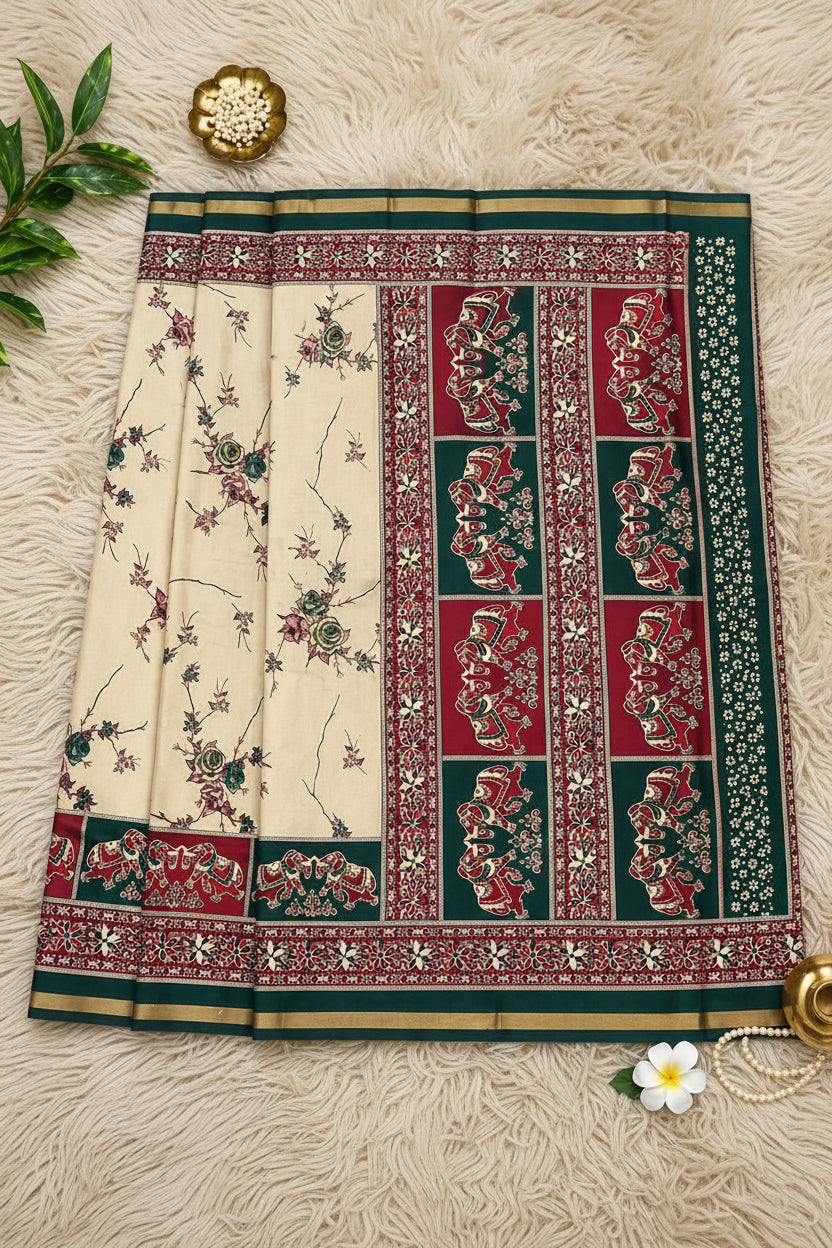 Light Brown Floral Print Cotton Silk Saree