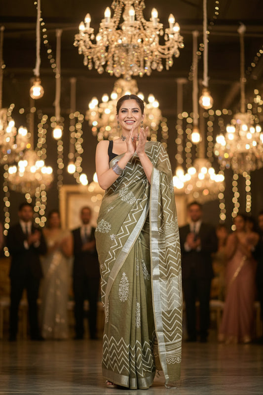 Olive Green Block Print Cotton Silk Saree