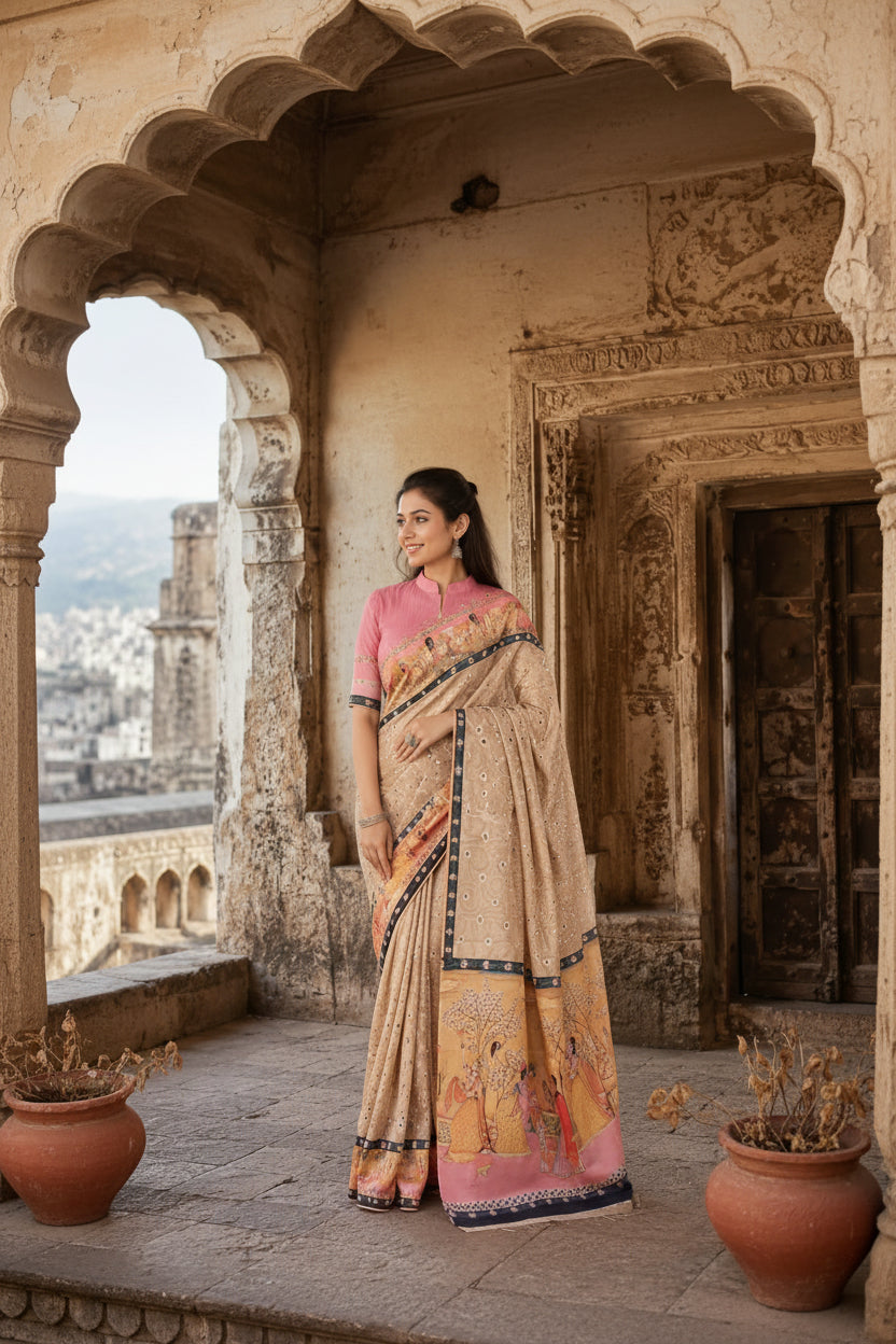 Caramel Brown Kalamkari Pallu Cotton Silk Saree