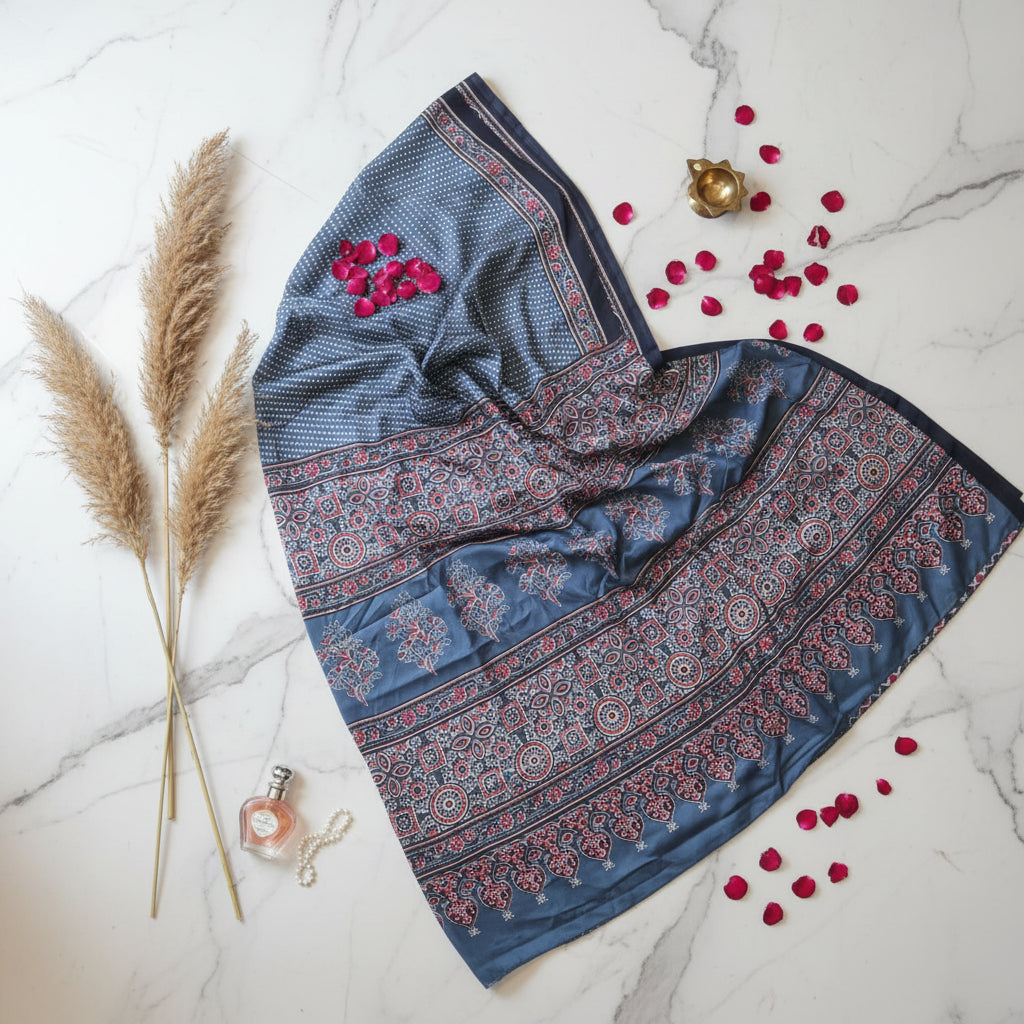 English Blue Polka Print Satin Saree