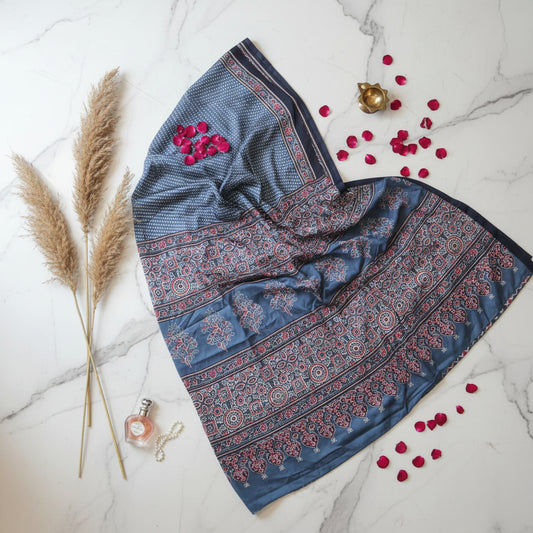 English Blue Polka Print Satin Saree