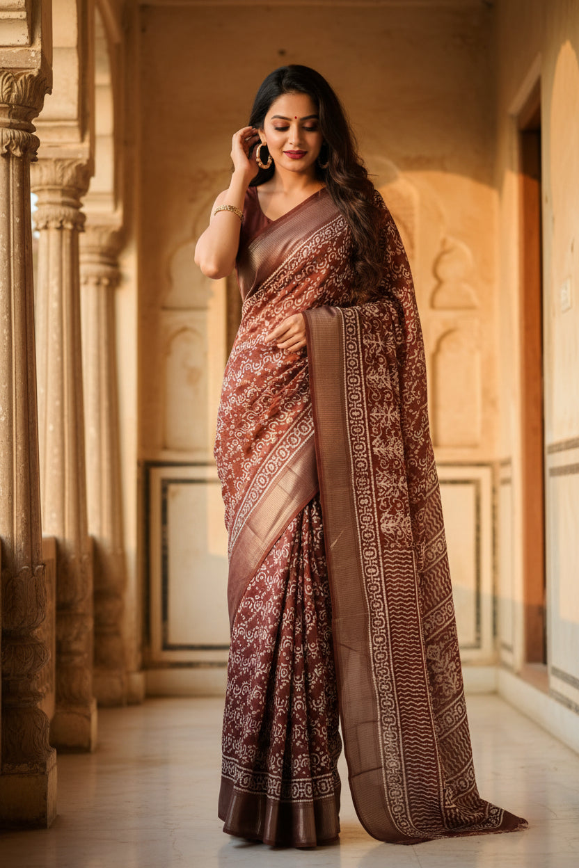 Brown Geometric Print Dola Silk Saree