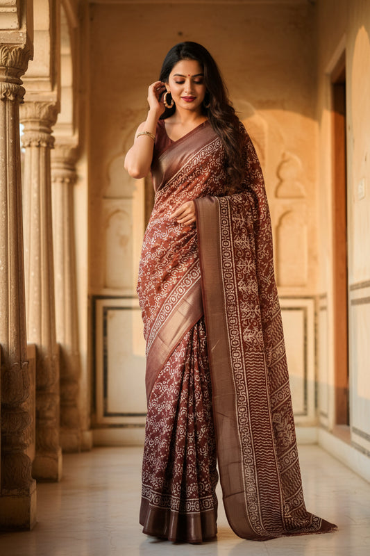Brown Geometric Print Dola Silk Saree
