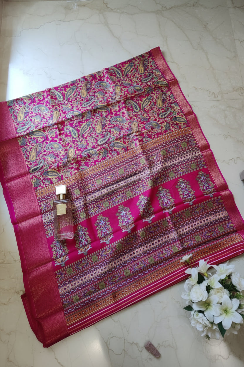 Dark Pink Paisley Print Dola Silk Saree