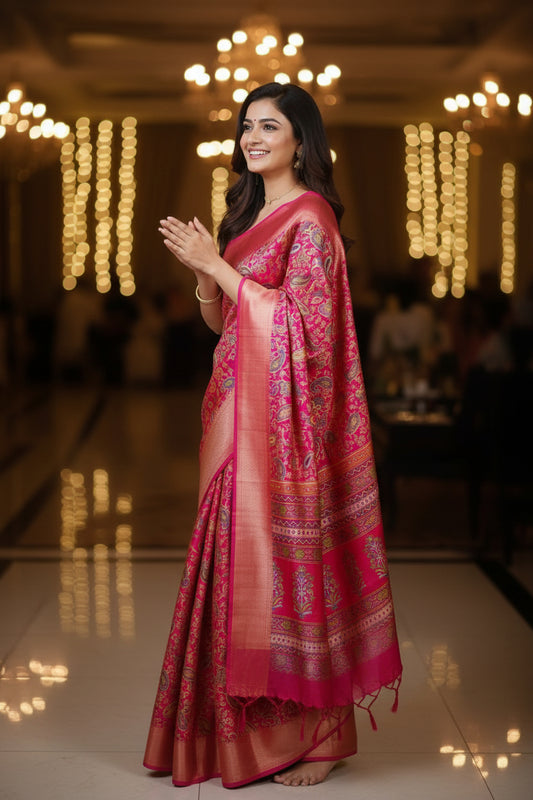 Dark Pink Paisley Print Dola Silk Saree