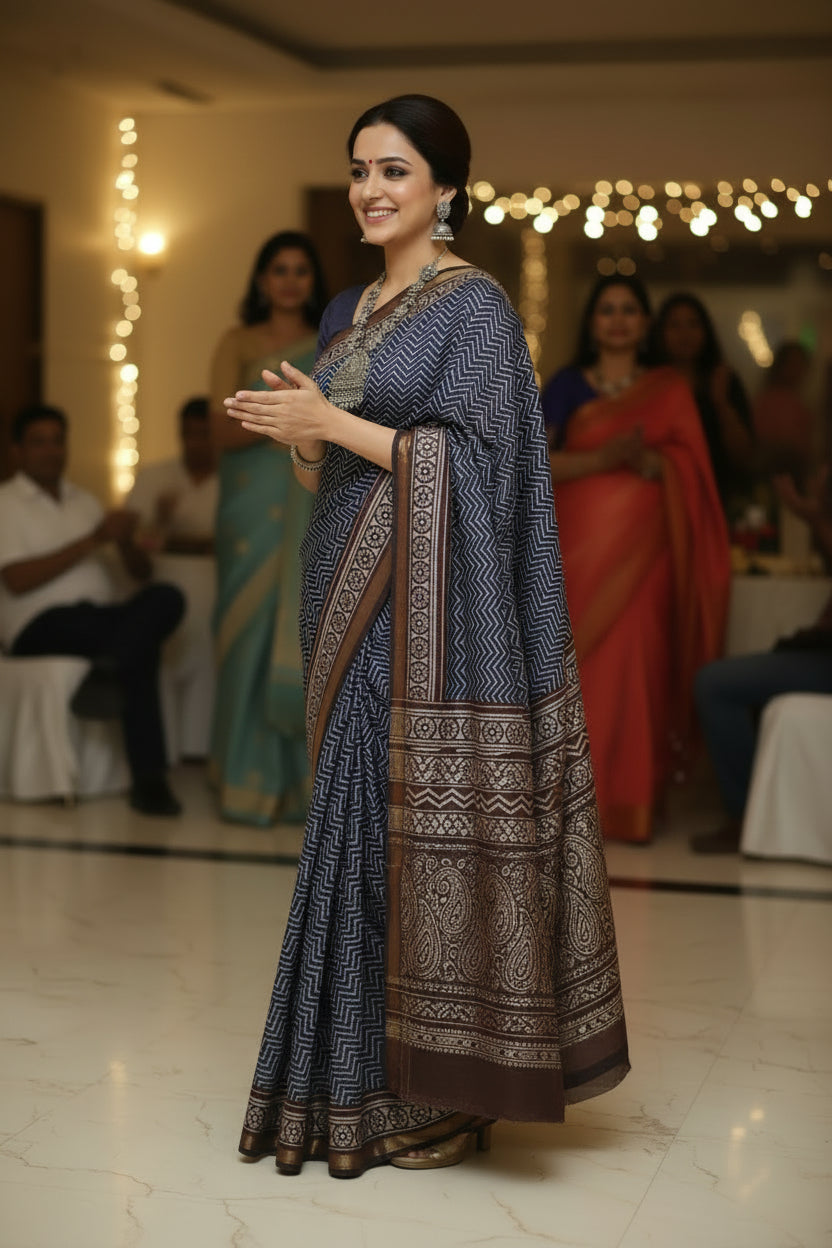 Purple Brown Handblock Chanderi Cotton Saree
