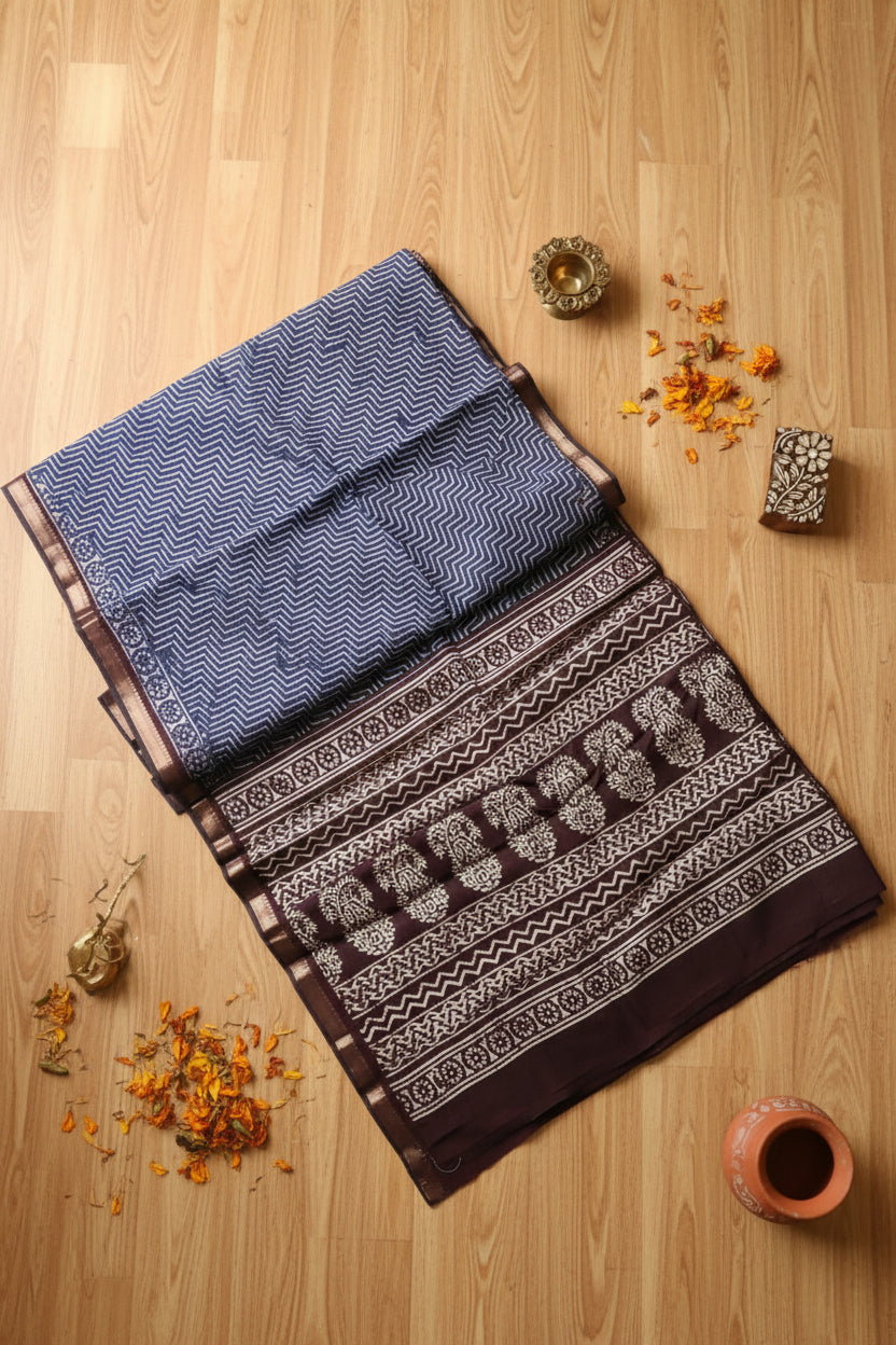 Purple Brown Handblock Chanderi Cotton Saree