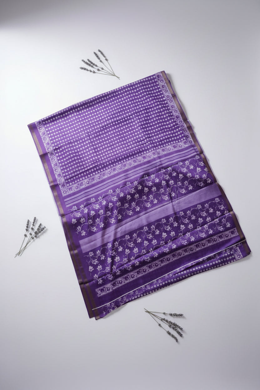 Purple Check Print Cotton Silk Saree
