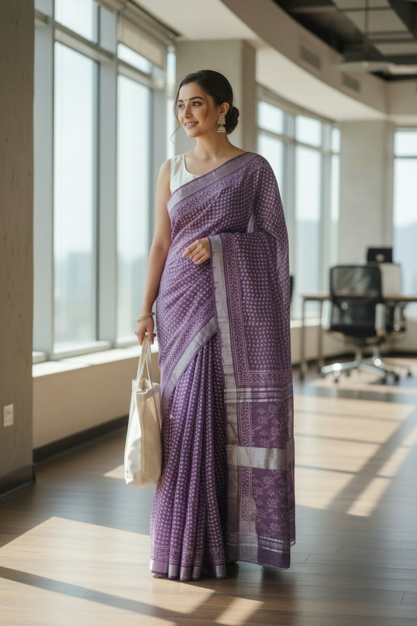 Purple Check Print Cotton Silk Saree