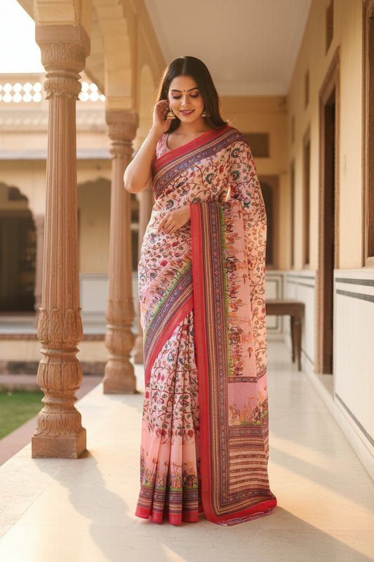 Peach Floral Print Cotton Silk Saree