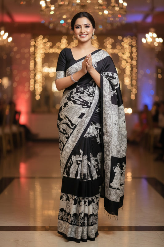 Black White Kalamkari Print Satin Saree