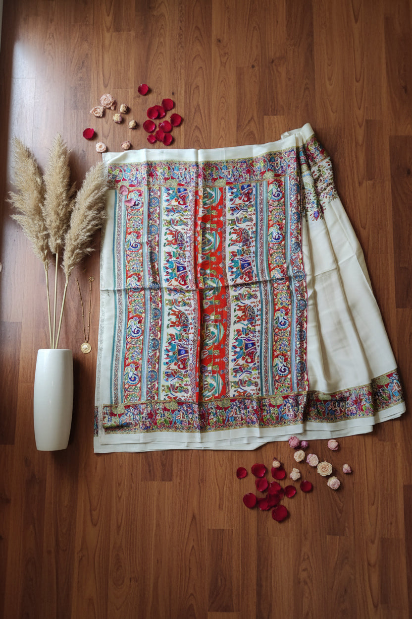 Butter Yellow Ajarakh Print Pallu Satin Saree
