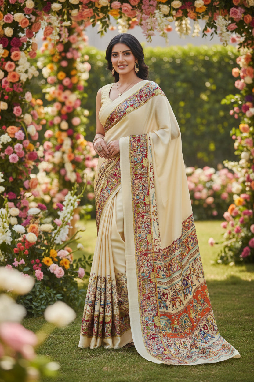 Butter Yellow Ajarakh Print Pallu Satin Saree