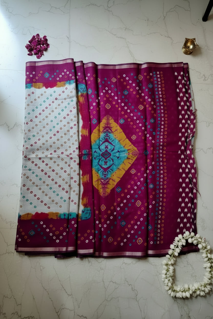 Grey Purple Bandhani Print Cotton Silk Saree