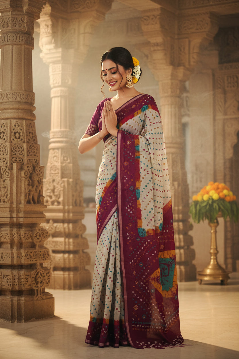 Grey Purple Bandhani Print Cotton Silk Saree