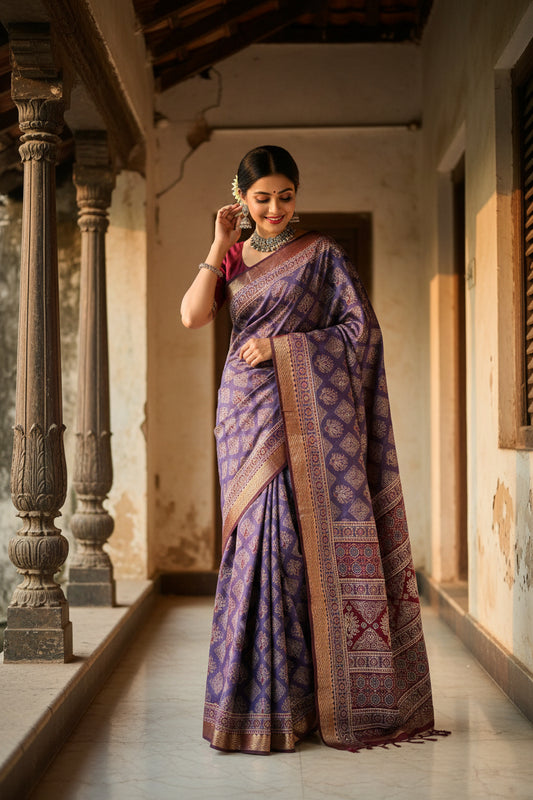 Purple Maroon Ajarakh print Chanderi Cotton Saree