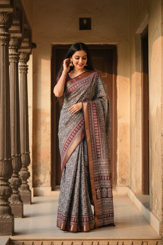 Black and Maroon Ajarakh Chanderi Cotton Saree