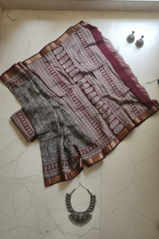 Black and Maroon Ajarakh Chanderi Cotton Saree