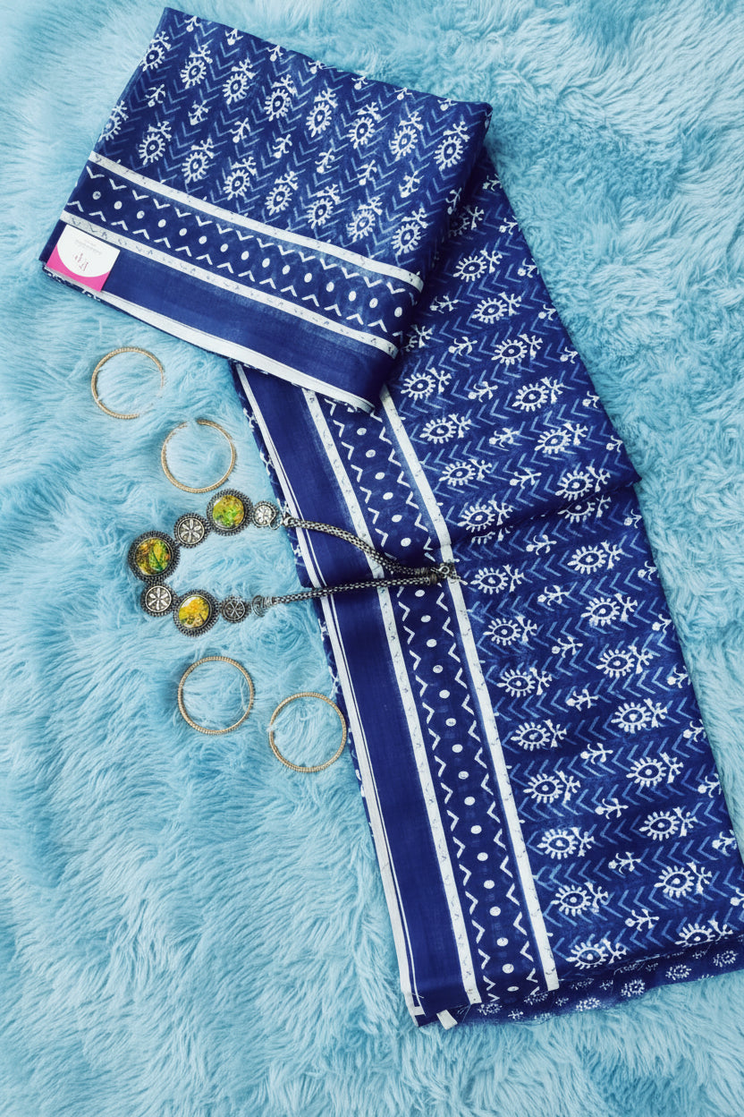 Indigo Blue Block Print Linen Saree