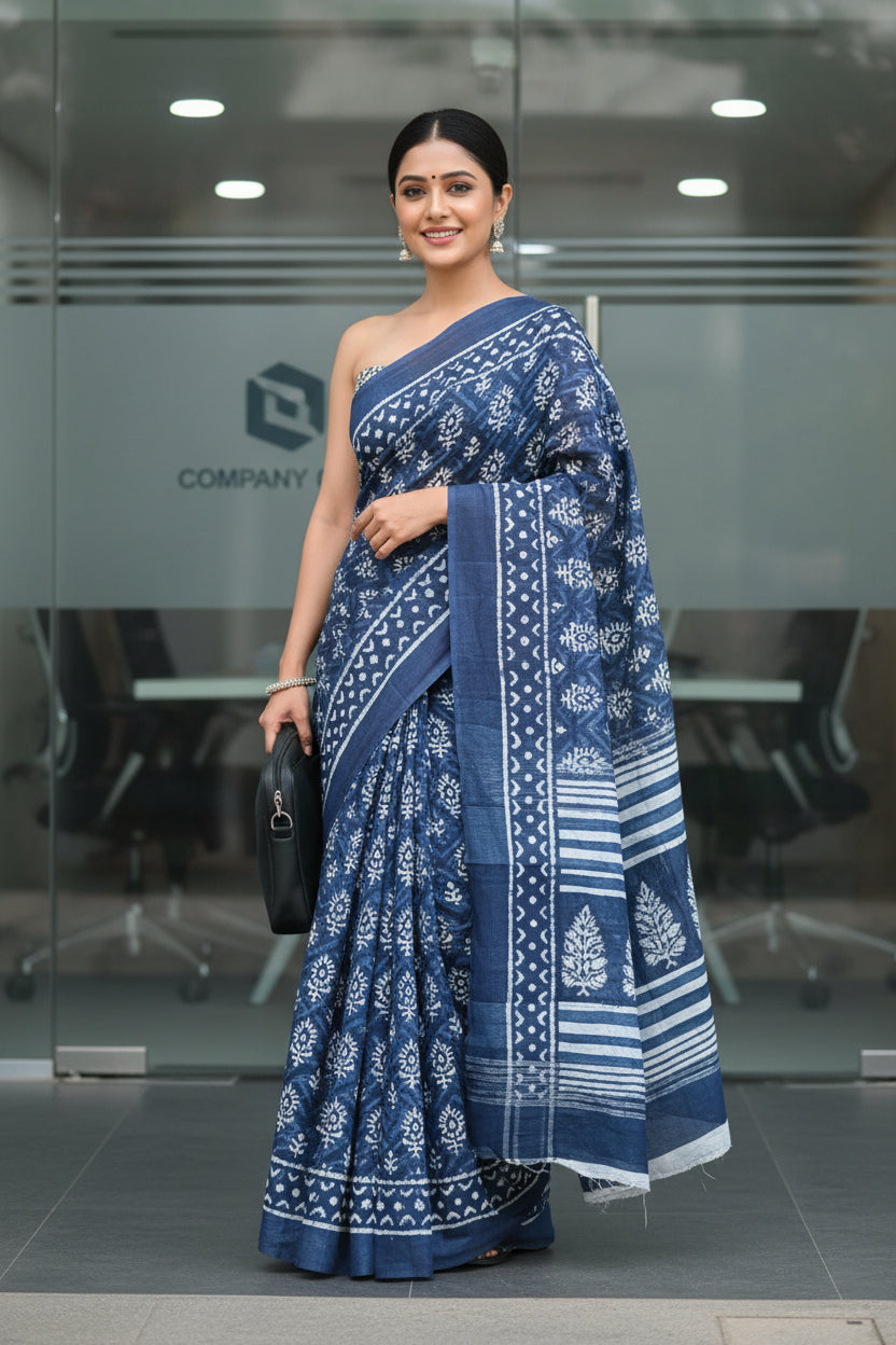 Indigo Blue Block Print Linen Saree