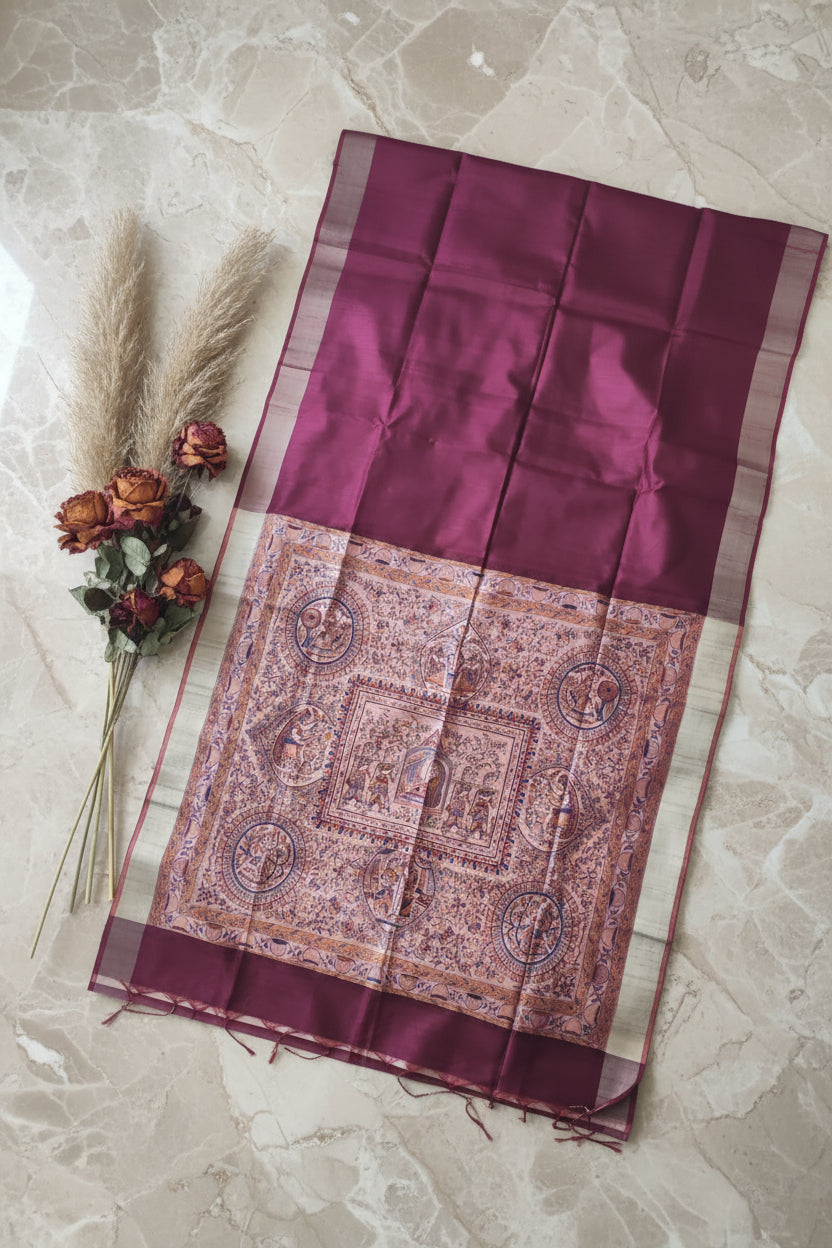 Maroon Golden Kalamkari Palla Raw Silk Saree