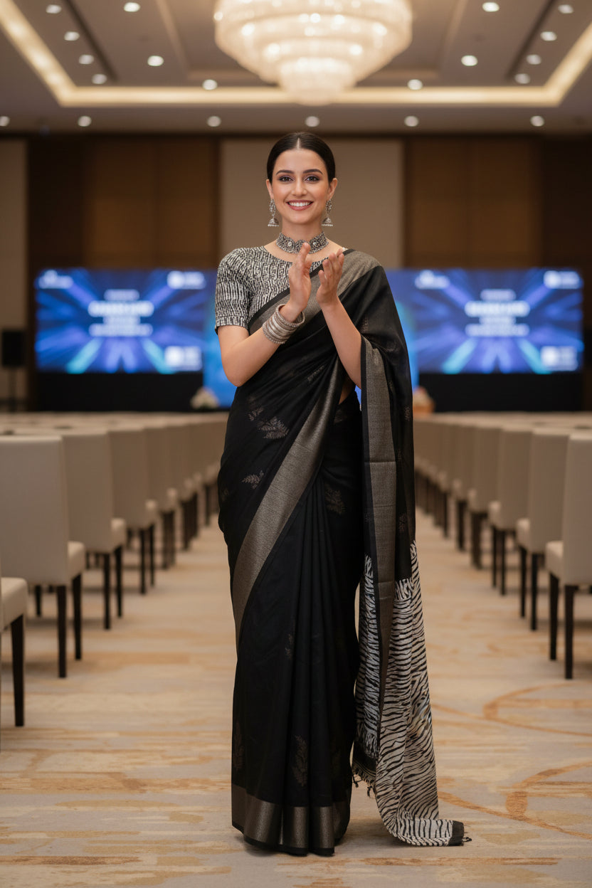 Black and White Geometric Print Linen Saree
