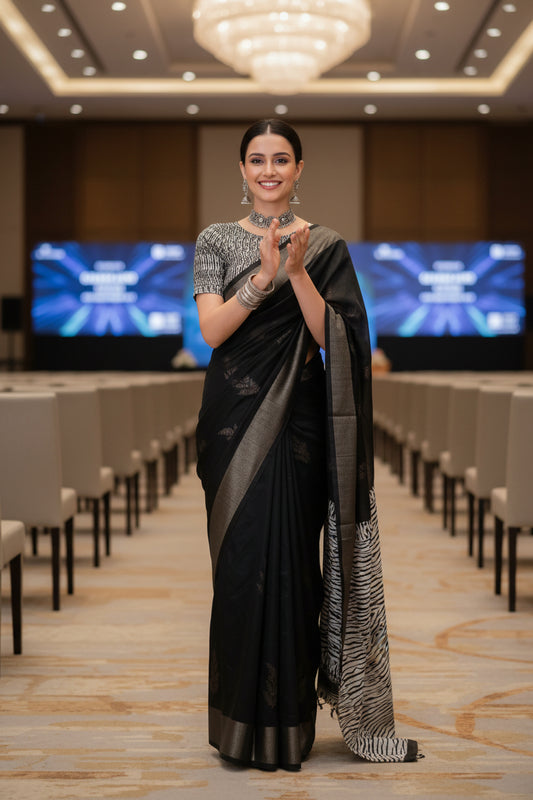 Black and White Geometric Print Linen Saree