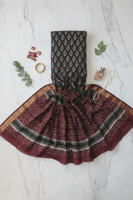 Black and Marron Block Print Chanderi Cotton Saree