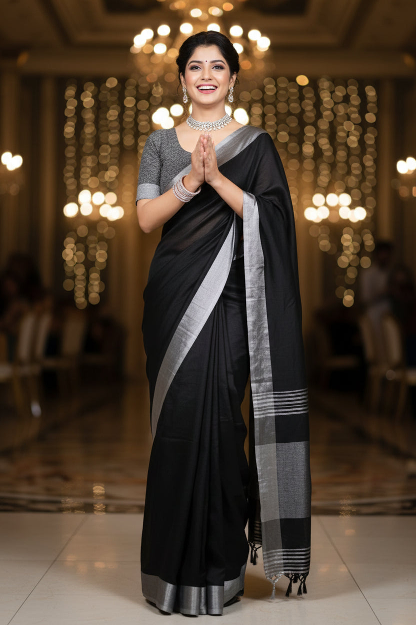 Black Linen Saree with Silver Border