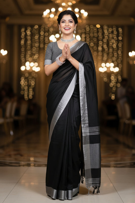 Black Linen Saree with Silver Border