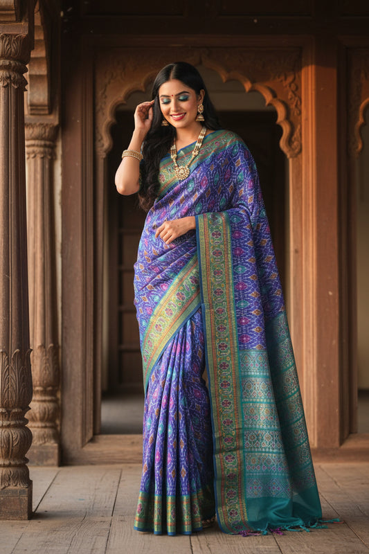 Peacock Blue Patola Print Cotton Silk Saree