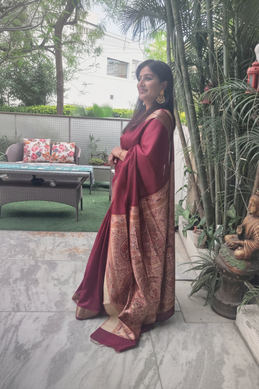 Maroon Golden Kalamkari Palla Raw Silk Saree