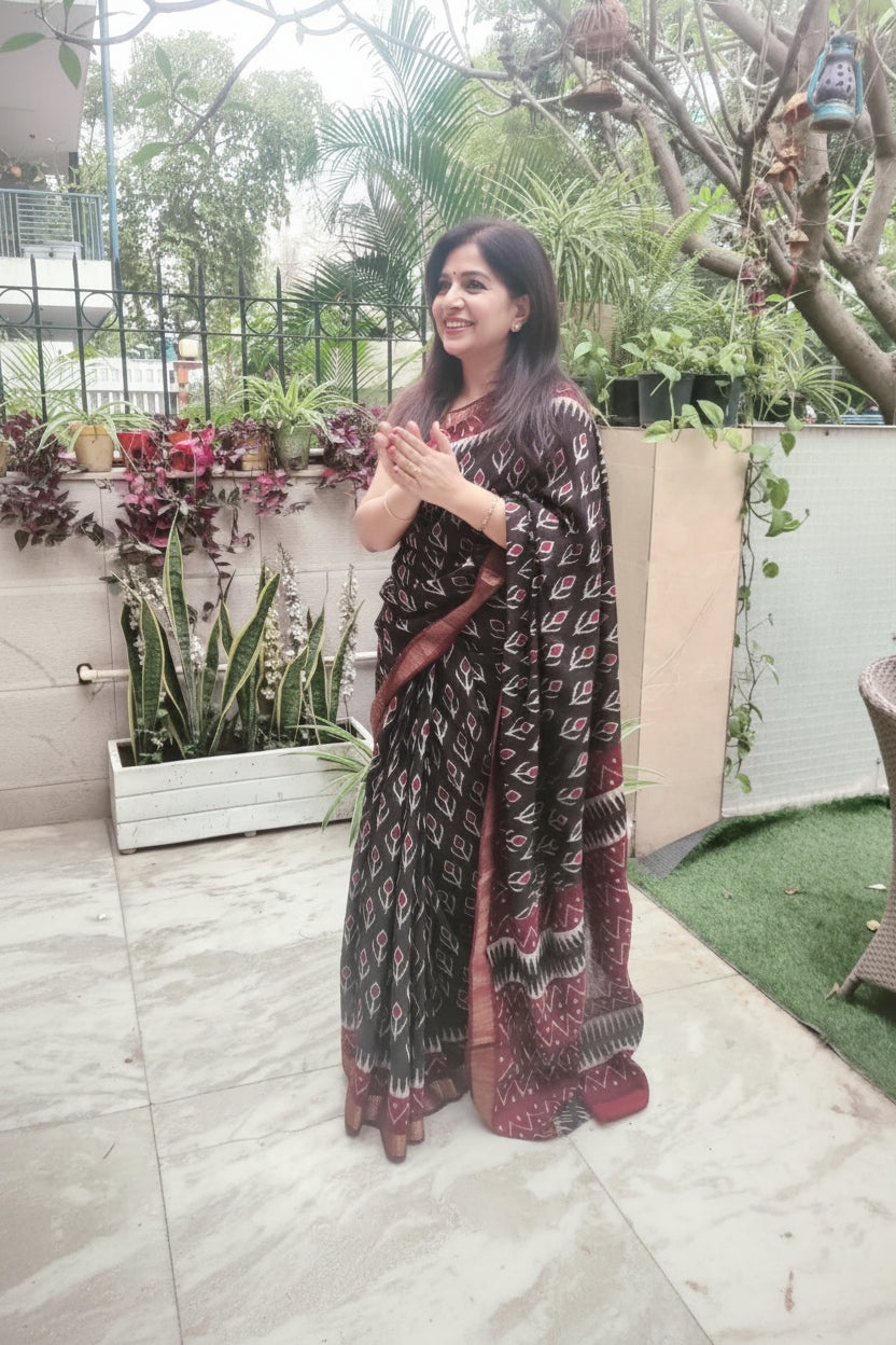 Black and Marron Block Print Chanderi Cotton Saree