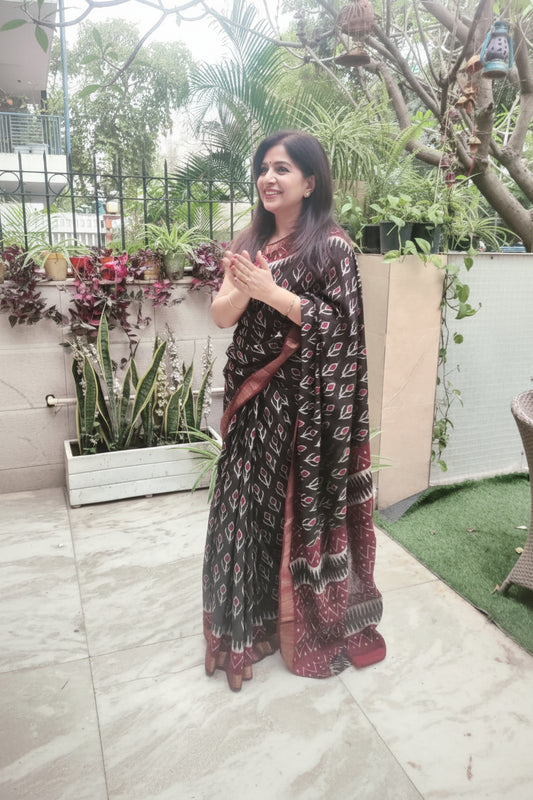 Black and Marron Block Print Chanderi Cotton Saree