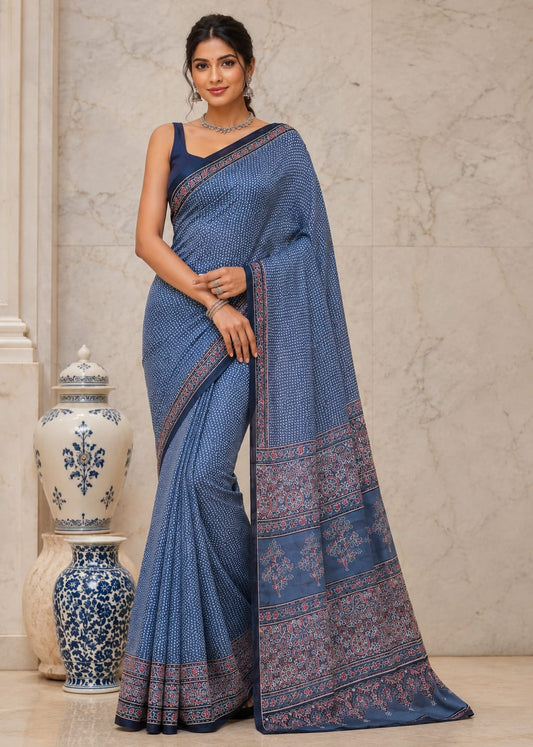 English Blue Polka Print Satin Saree