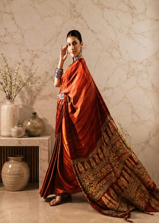 Orange Marble print Satin Saree