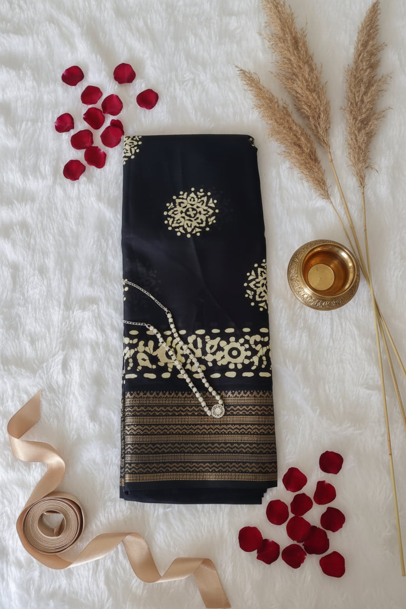 Black Floral Print Dola Silk Saree
