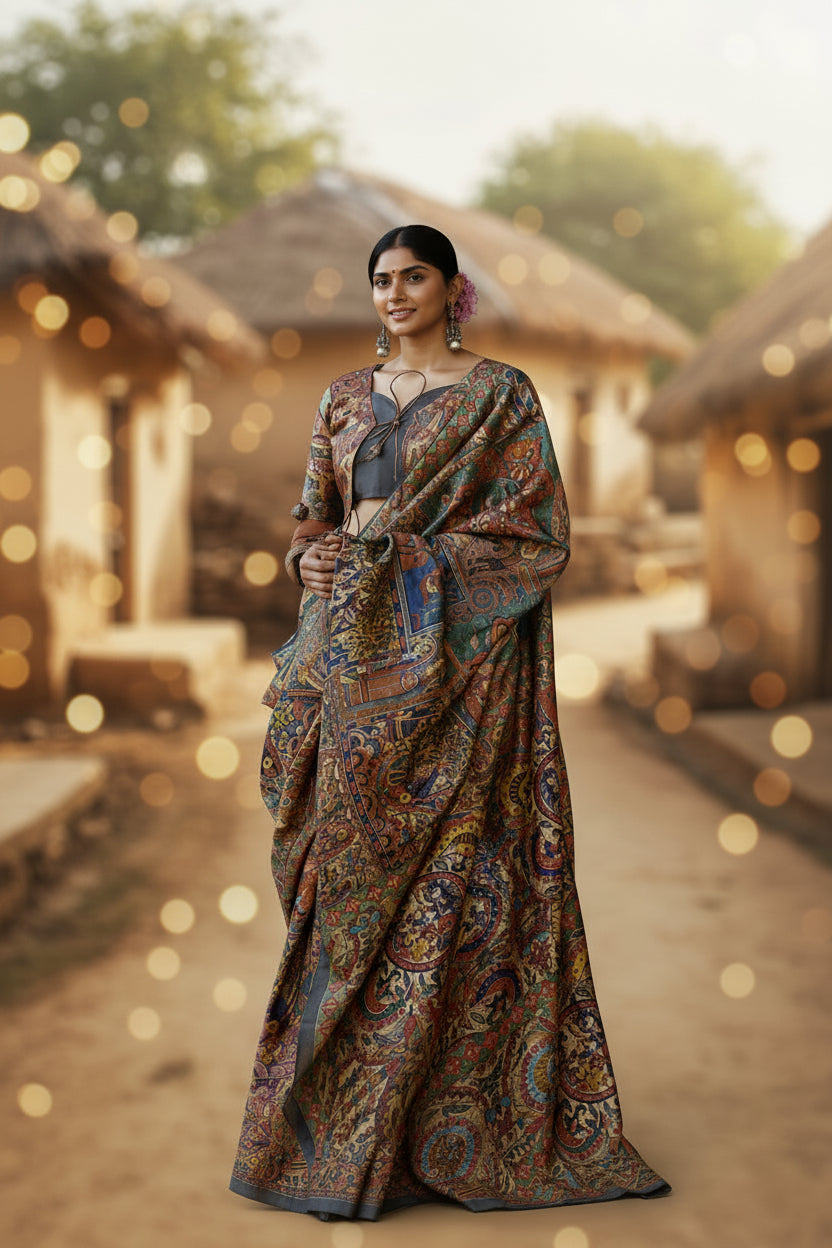 Black Madhubani Print Art Silk Saree