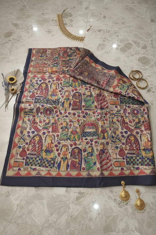 Black Madhubani Print Art Silk Saree