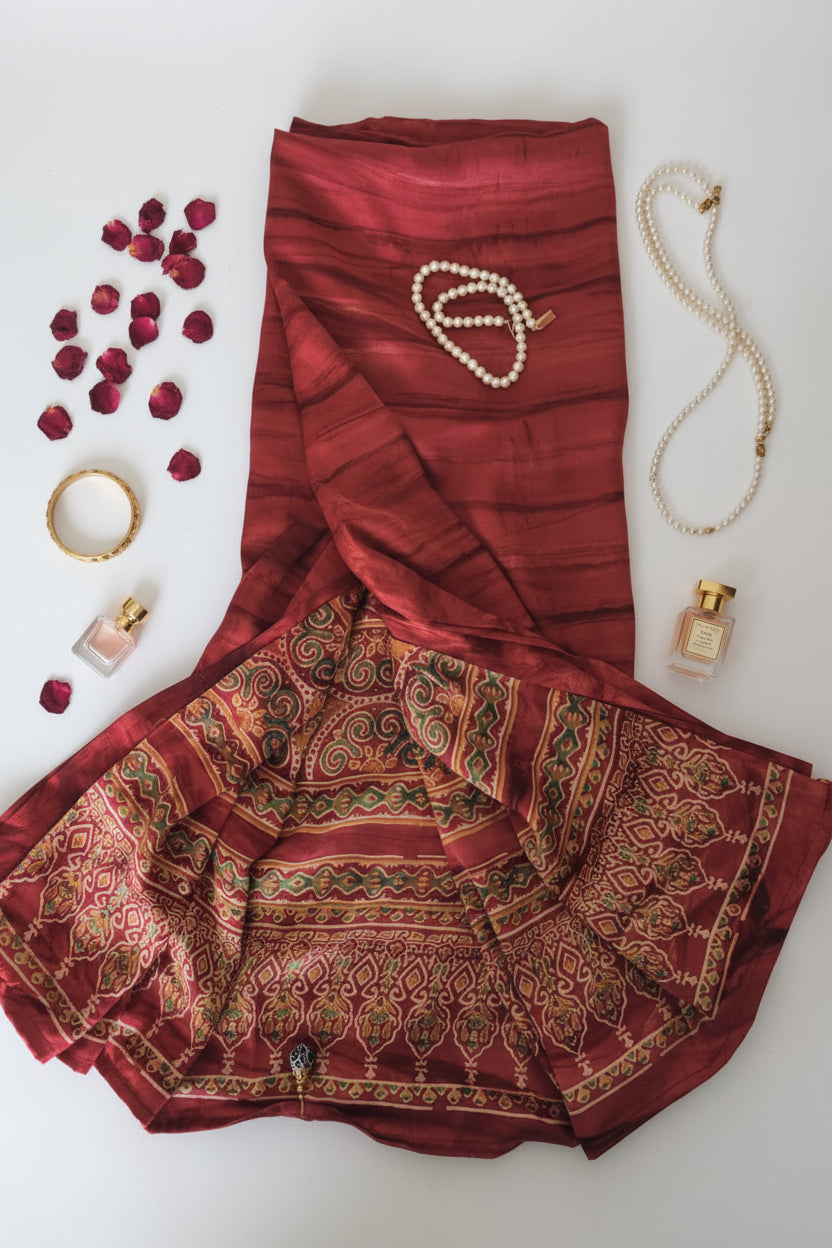 Tomato Red Marble Print Satin Saree