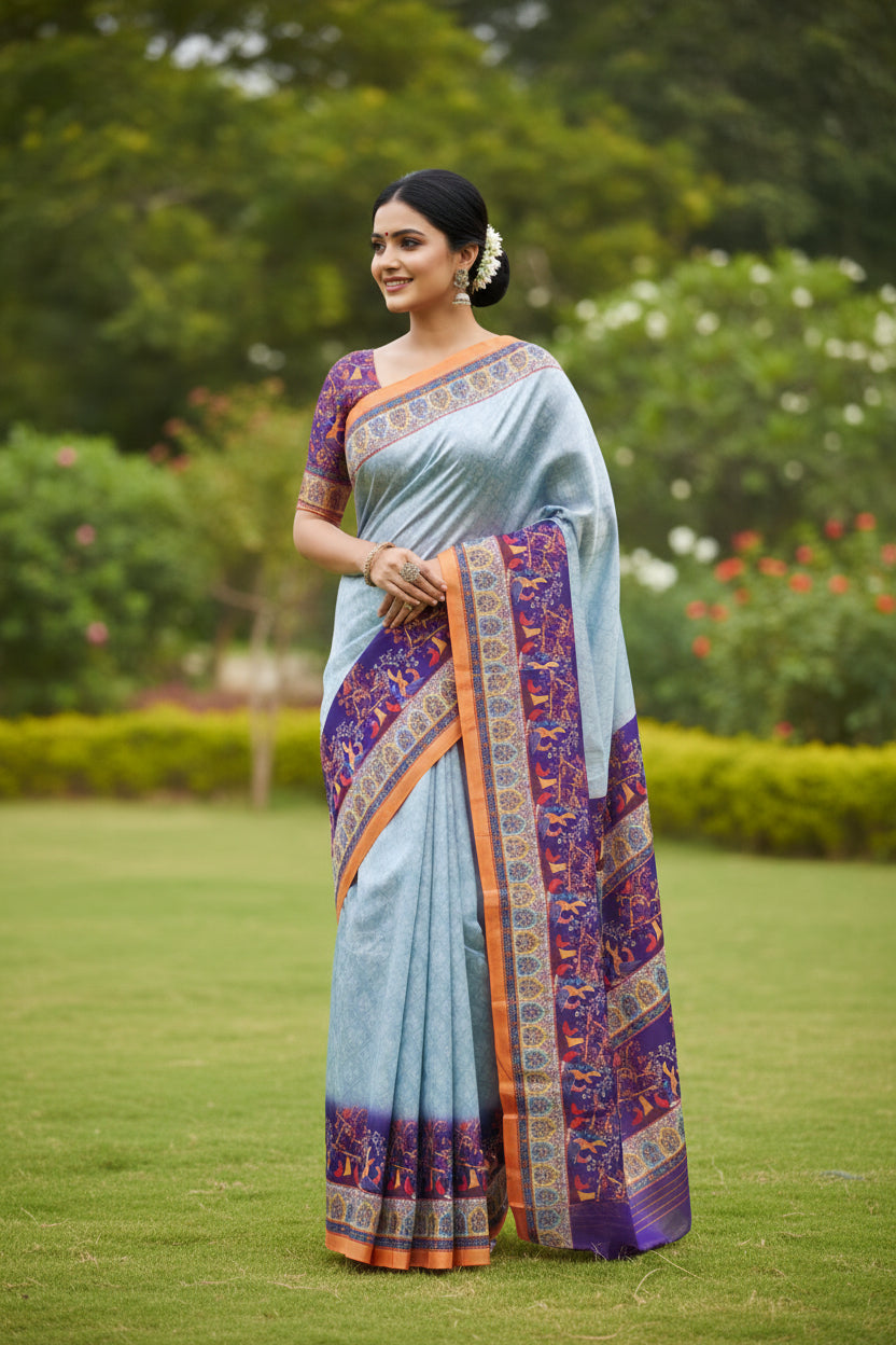Sky Blue Purple Kalamkari Pallu Cotton Silk Saree