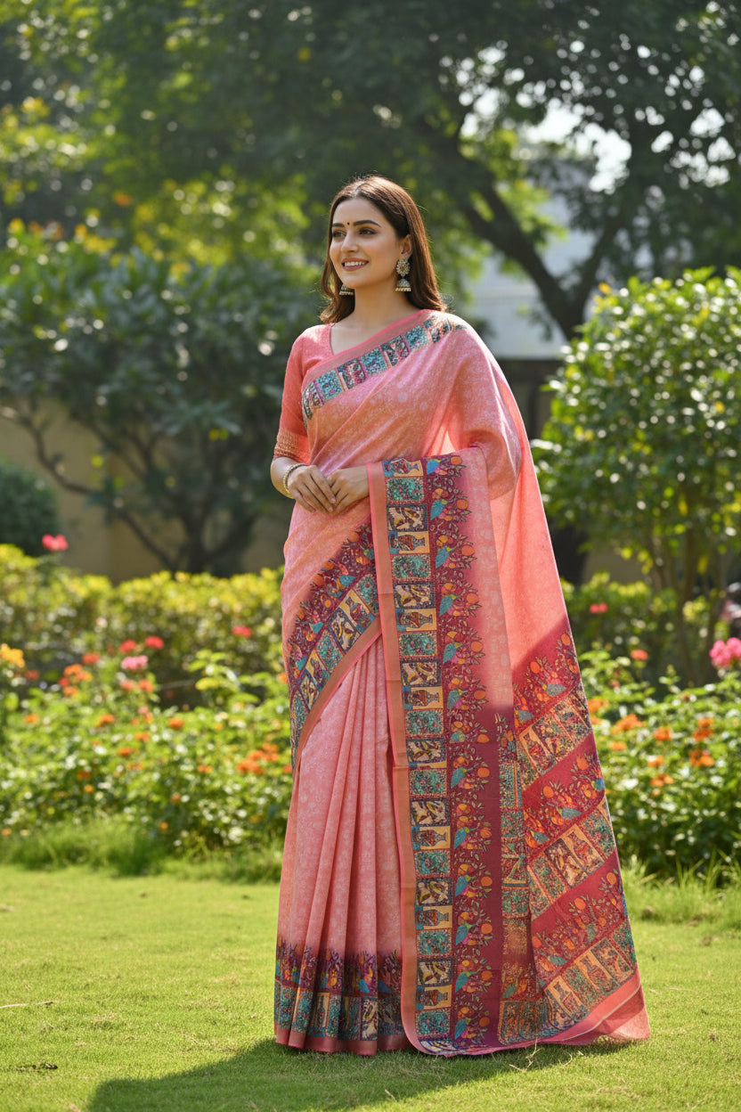 Peach Pink Kalamkari Print Cotton Silk Saree