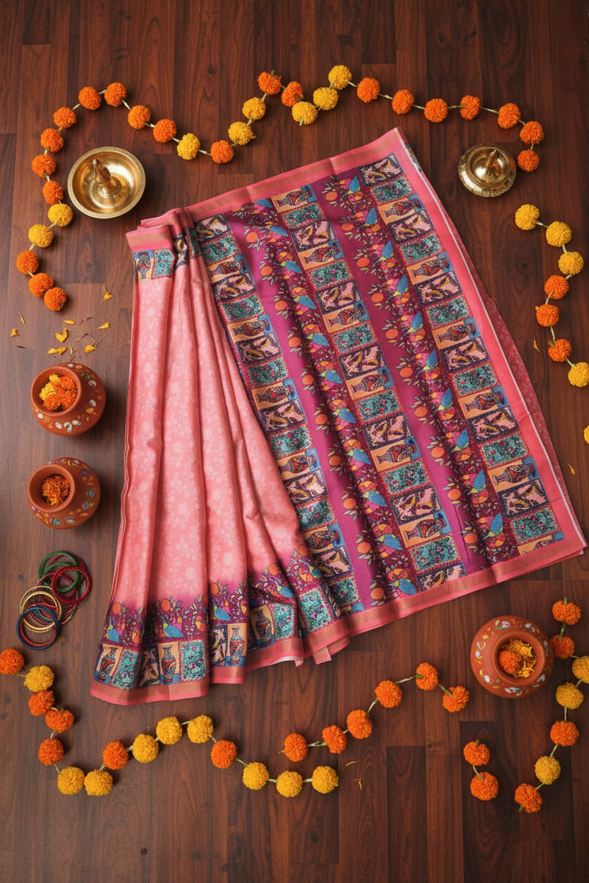 Peach Pink Kalamkari Print Cotton Silk Saree
