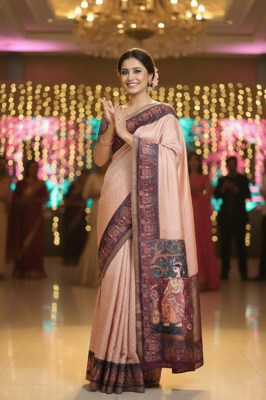 Peach Kalamkari Print Cotton Silk Saree