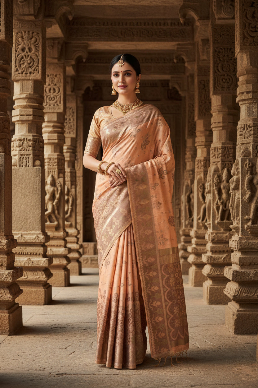 Peach Golden Soft Silk Saree